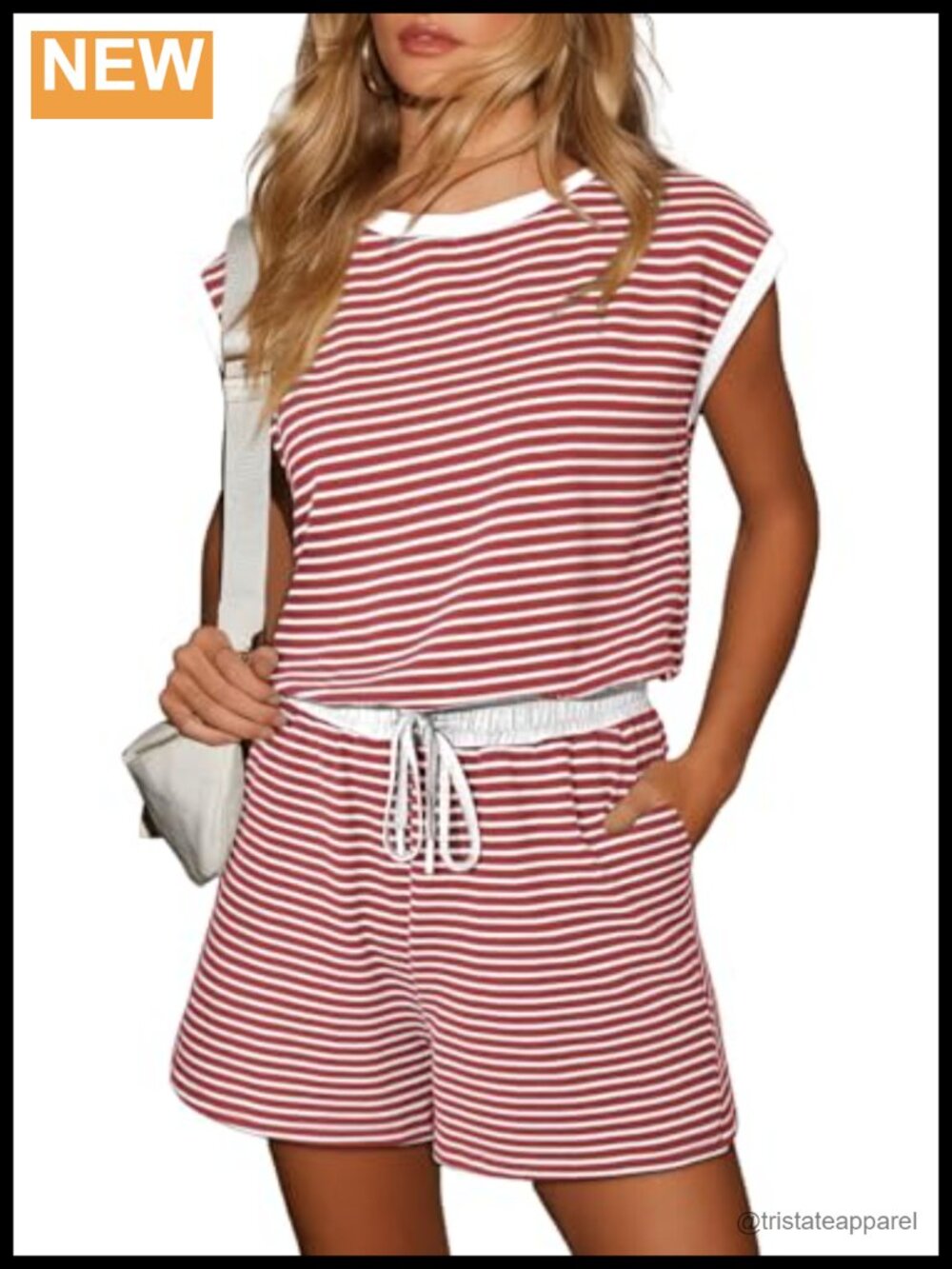 Women's Striped Sleeveless Romper Drawstring Waist Cotton Short Jumpsuit